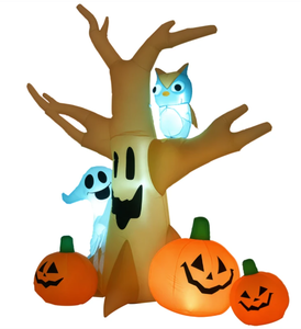 lot 340 image: HOMCOM 7.5 Tall Lighted Halloween Inflatables Outdoor Decorations Haunted Tree With Owl, Ghost, Pumpkins, Blow Up LED Yard Decor for Garden, Lawn, Party, Holiday, Waterproof