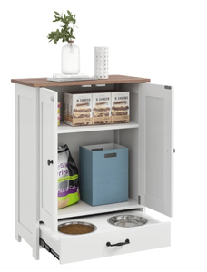 lot 341 image: PawHut Pet Feeding Station, Dog Food Storage Cabinet w Raised Dog Bowls, Adjustable Panel, Hooks for Medium Dogs, White  23.6L x 13.8W x 31.5H