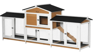 lot 22 image: PawHut 90.5 Wooden Rabbit Hutch Bunny Cage Pet Playpen House Enclosure with Double Side Run Boxes, No Leak Tray, Ramp, for Rabbits, Chickens, Ducks, Guinea Pig and Small Animals, White