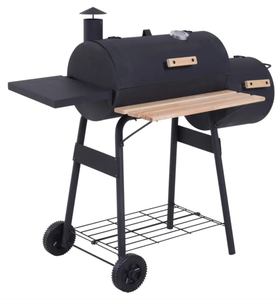 lot 34 image: Outsunny Charcoal BBQ, Portable Grill with Wheels, All-in-One Grill, Side vent, Two Shelves and Metal Grating, Lit-Mounted Thermometer, Wooden Handle, for Outdoor Cooking, Black