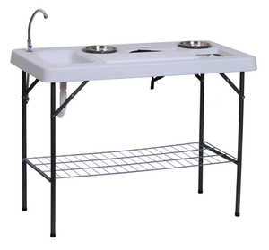 lot 35 image: Outsunny 50 Portable Folding Camping Table with Sink, Faucet, Dual Stainless Steel Basins, and Accessories for Fish Cleaning
