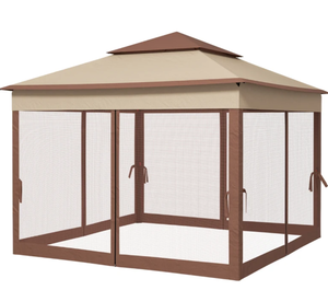 lot 42 image: Outsunny Outdoor Patio Pop Up Canopy Gazebo Shelter with Zipper Netting, Carry Bag, 11 x 11, Khaki (USED)