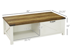 lot 45 image: HOMCOM Farmhouse Coffee Table with Storage and Drawer, Rustic Coffee Table for Living Room, Open Shelf, White
