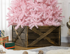 lot 120 image: HOMCOM 28 Farmhouse Christmas Tree Base Cover Wooden Christmas Tree Collar Box Home Decoration, Dark Distressed Wood Finish 28.3 L x 27.2 W x 14.6 H