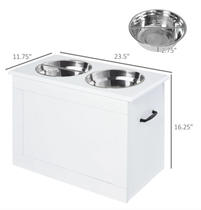 lot 242 image: PawHut Raised Pet Feeding Storage Station with 2 Stainless Steel Bowls Base for Large Dogs and Other Large Pets, White (Slightly Dirty)