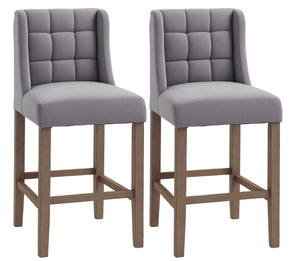 lot 296 image: HOMCOM Modern Bar Stools, Tufted Upholstered Barstools, Pub Chairs with Back, Rubber Wood Legs for Kitchen, Dinning Room, Set of 2, Grey