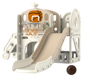 lot 297 image: Qaba 7-in-1 Toddler Slide, Kids Slide for Ages 1-6 Years w Ring Toss, Basketball Hoop, Telescope Climber, Storage Space (Minor Transit Damage)