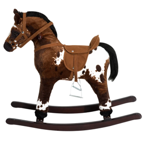 lot 299 image: Qaba Kids Wooden Plush Ride-On Rocking Horse Chair Toy with Realistic Sounds Dark BrownWhite