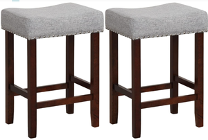 lot 358 image: Giantex 25 Counter Height Bar Stools Set of 2 - Backless Saddle Barstools with Nailhead Linen Foam Seat, Max Load 330 Lbs Wood Bar Stools with Foot Rest for Kitchen Island, Grey