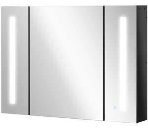 lot 100 image: kleankin LED Lighted Medicine Cabinet with Mirror, 35.5W x 25.5H Wall Mounted Bathroom Cabinet with 3 Cupboards, Memory Function, USB Charge, High Gloss Black