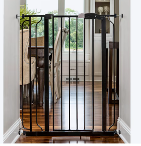 lot 110 image: Regalo Gate 36.5-Inches x 41-Inches Pressure Mounted Black Metal Safety Gate (Maybe Missing Hardware)