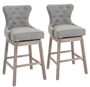 lot 111 image: HOMCOM Upholstered Fabric Bar Height Bar Stools Set of 2, 180° Swivel Nailhead-Trim Pub Chairs, 30 Seat Height with Rubber Wood Legs, Grey (Maybe Missing Hardware)