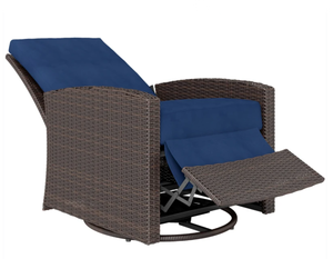lot 112 image: Outsunny Outdoor Wicker Swivel Recliner Chair, Reclining Backrest, Lifting Footrest, 360° Rotating Basic, Water Resistant Cushions for Patio, Dark Blue (Maybe Missing Hardware)