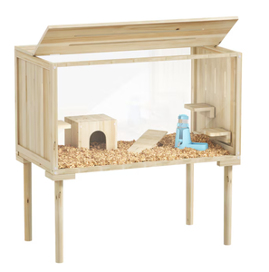 lot 260 image: PawHut Wooden Hamster Cage with Legs Gerbil Cage with Seesaw Hut Water Bottle Food Dish Hamster Habitat for Syrian Dwarf Mouse 28inch x 16inch x 29.5inch Nature Wood