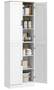 lot 262 image: HOMCOM Freestanding Kitchen Pantry, 4-Door Kitchen Pantry Cabinet with Adjustable Shelves and Doors, Distressed White 23.5 W x11.75 D x 67.25 H