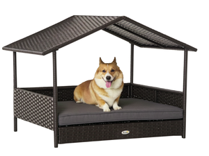 lot 273 image: PawHut Wicker Dog House Outdoor with Canopy, Rattan Dog Bed with Water-resistant Cushion, Raised Pet Bed for Small, Medium Breeds up to 66 lbs, 20 in Length, Brown Wicker, Gray Cushion 38.5 x 27.25 x 27.5
