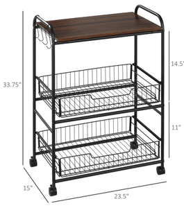lot 275 image: HOMCOM 3 Tier Rolling Kitchen Cart with Storage, Kitchen Island Cart on Wheels with 2 Sliding Fruit Basket, Microwave Cart with Side Hooks for Dining Room, Walnut