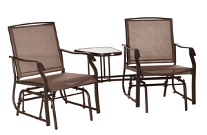 lot 280 image: Outsunny Outdoor Glider Chairs with Coffee Table, Patio 2-Seat Rocking Chair Swing Loveseat with Breathable Sling for Backyard, Garden, and Porch, Coffee Brown