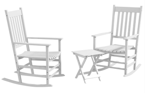 lot 281 image: Outsunny Outdoor Rocking Chair Set of 2 with Side Table, Patio Wooden Rocking Chair with Smooth Armrests, High Back for Garden, Balcony, Porch, Supports Up to 352 lbs. , White