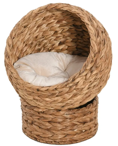lot 284 image: PawHut 20 Natural Braided Banana Leaf Elevated Cat Bed Basket with Cushion - Brown