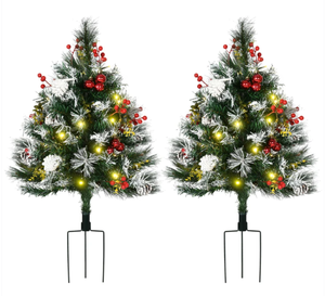lot 295 image: HOMCOM 2.5 Ft30 2 Pack Outdoor Entryway Pre-Lit Artificial Christmas Tree Cordless with 70 Branches, Warm White LED lights, Red Berries, Pine Cones, Balls, Green