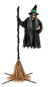 lot 431 image: Boyel Living - 7FT Halloween Animatronic Sound-Activated Flying Witch with LED Lights - Black