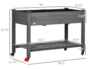 lot 182 image: Outsunny 47 x 21 Raised Garden Bed Elevated Wooden Planter Box w Lockable Wheels, Storage Shelf for Backyard, Dark Gray (Minor Transit Damage. Missing Part 1 Wheel)