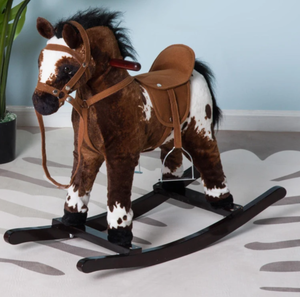 lot 456 image: Qaba Kids Wooden Plush Ride-On Rocking Horse Chair Toy with Realistic Sounds Dark BrownWhite