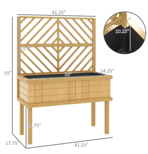 lot 188 image: Outsunny Elevated Wood Planter with Trellis for Climbing Plants, Raised Garden Bed with Legs and Drainage Holes, Natural Wood (Missing Hardware)