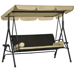 lot 189 image: Outsunny 3-Seat Patio Swing Chair, Outdoor Canopy Swing Glider with Removable Cushion, Pillows, Adjustable Shade, and Rattan Seat, for Porch, Garden, Poolside, Backyard