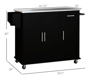 lot 190 image: HOMCOM Kitchen Island with Wheels, Kitchen Island on Wheels with Drawer, 3 Cabinets, Stainless Steel Countertop, Black (Missing Part Part I Please See Photos For More Info)