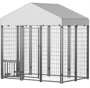 lot 192 image: PawHut 5.9 x 4 x 6 Outdoor Dog Kennel with Roof, Rotating & 4-Level Adjustable Bowls