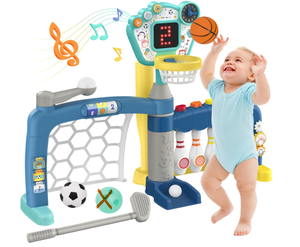 lot 197 image: AIGIMU Toddler Sports Toys, 5-in-1 Toddler Basketball Hoop Soccer Bowling Baseball Golf Activity Center, 1 2 3 Year Old Boys Girls Toy, Toys for Toddlers & Baby (Missing Bowling Ball)