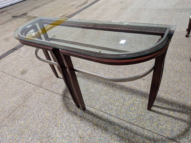 lot 5 image: Modern Glass Top Console Table Curved Wood Frame and Metal Accents