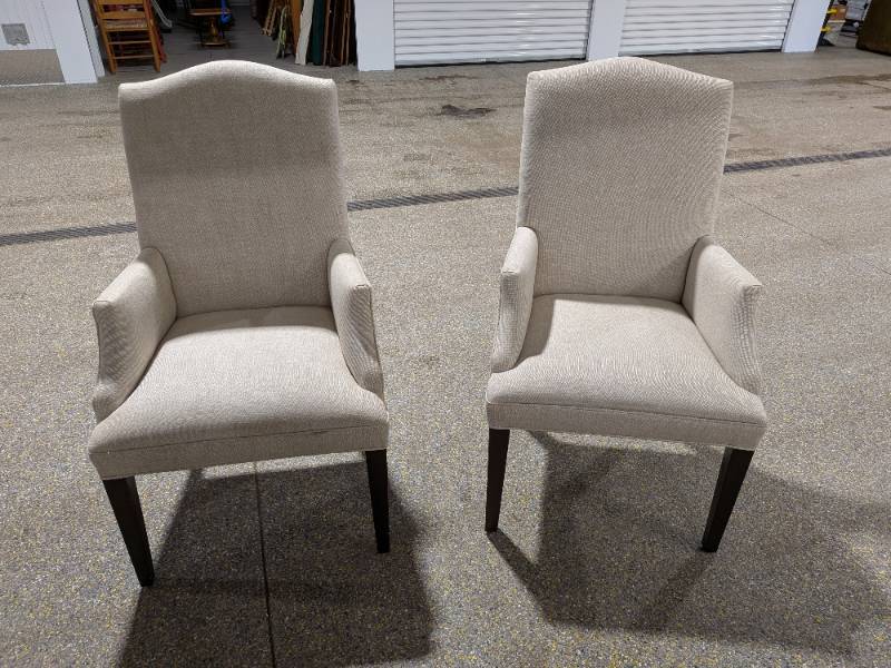 lot 13 image: Pair of Upholstered High Back Dining Arm Chairs Neutral Fabric