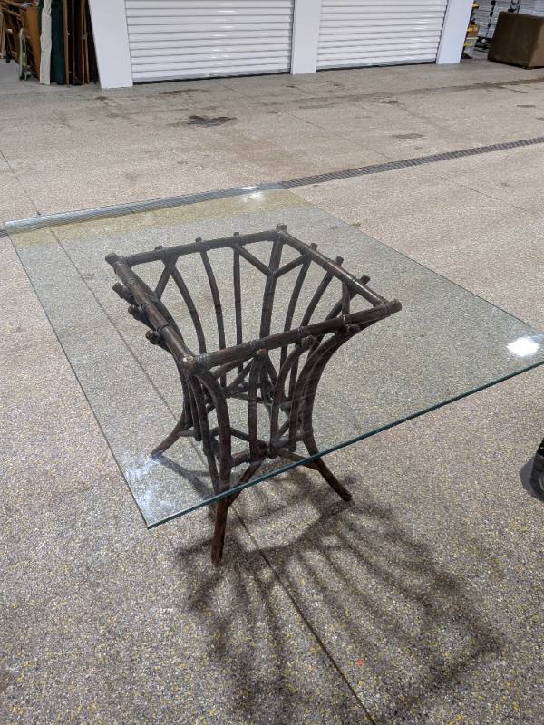 lot 18 image: RattanBamboo Style Glass Top Coffee Table Square Base