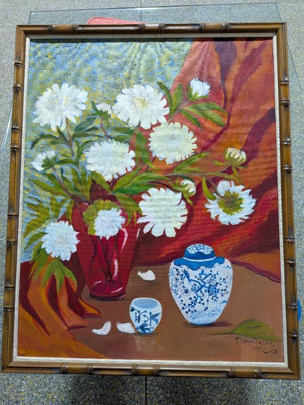 lot 24 image: Original Oil Painting T. Samantha Cook 1979 White Flowers Bamboo Frame