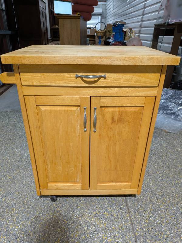 lot 26 image: Rolling Wood Butcher Block Kitchen Cart Island w Drawer & Cabinet