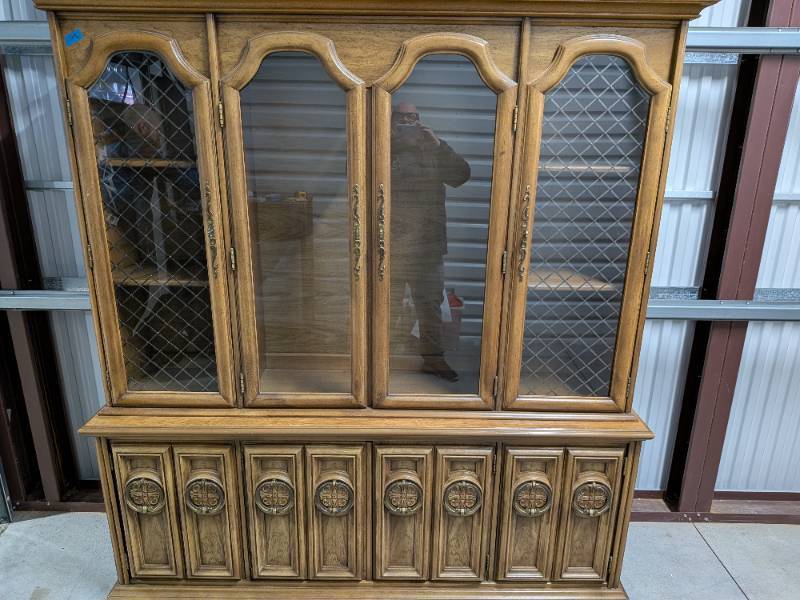 lot 33 image: Large Country French Style China Hutch Buffet w Arched Glass Doors