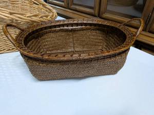 lot 39 image: Lot of Two Woven Baskets Large Wicker w Blue Handle & Dark Tray Basket