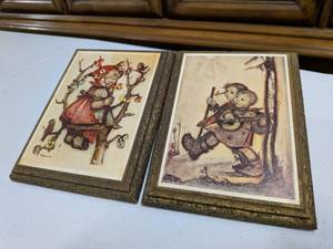 lot 43 image: Lot of Two Vintage Hummel Wall Prints Wood Mounted Gold Trim 5.25 x 6.75