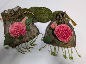 lot 44 image: Lot Two Ornate Silk Drawstring Pouches & Green Beaded Coasters