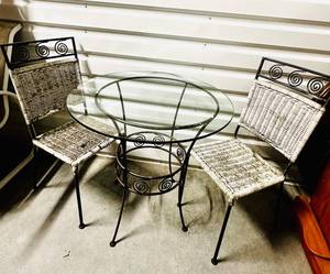 lot 62 image: 3-Piece Bistro Set Glass Top Wrought Iron Table & 2 Woven Chairs
