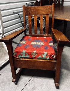 lot 64 image: Vintage Mission Style Solid Wood Rocking Chair with Native American Style Cushion