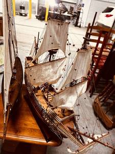 lot 70 image: Pair of Large Decorative Model Ships Mayflower & Gaff-Rigged Schooner