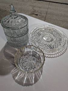 lot 109 image: 3-Piece Pressed Glass Set Stacking Server, Platter & Bowl