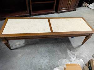 lot 201 image: Traditional Wood & Inset Stone Coffee Table with Copper Accents