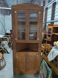 lot 202 image: Antique Tall Wood Corner Cupboard with Integrated Mug Hooks