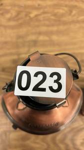 lot 23 image: Set of 2 Copper Decor Items Nautical Lantern and Shoe-Shaped Brush Holder