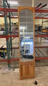 lot 32 image: Wood Framed Mirrored Bi-Fold Closet Door with Decorative Glass Panels